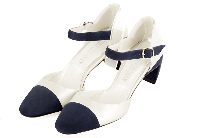 Navy blue and off white women's open side shoes, with an instep strap. Round toe. Medium comma heels. Front view - Florence KOOIJMAN